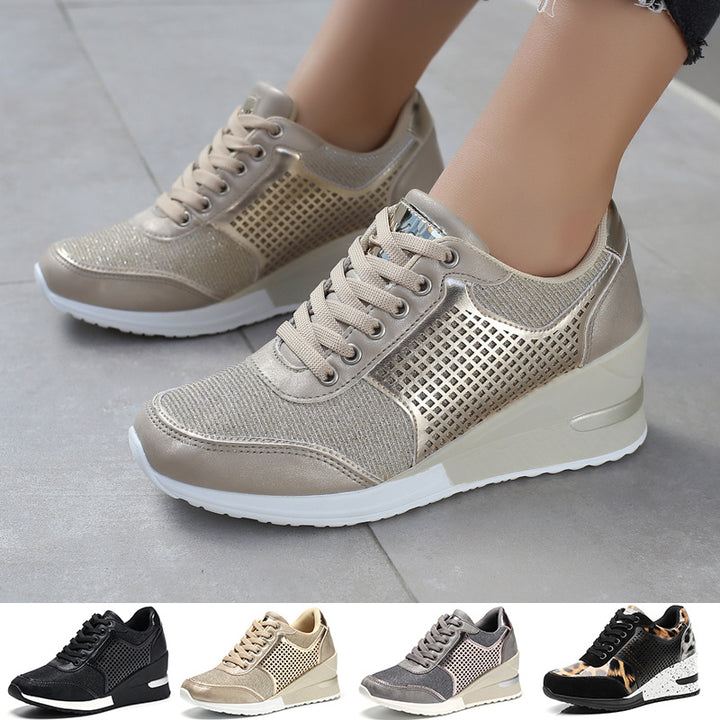 Women Lace-up Sneakers Height Increasing 6.5cm Flats Walking Shoes